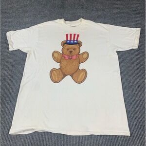 VTG Hanes Beefy T Shirt Mens XL White Single Stitch Bear USA Patriotic 90s Retro